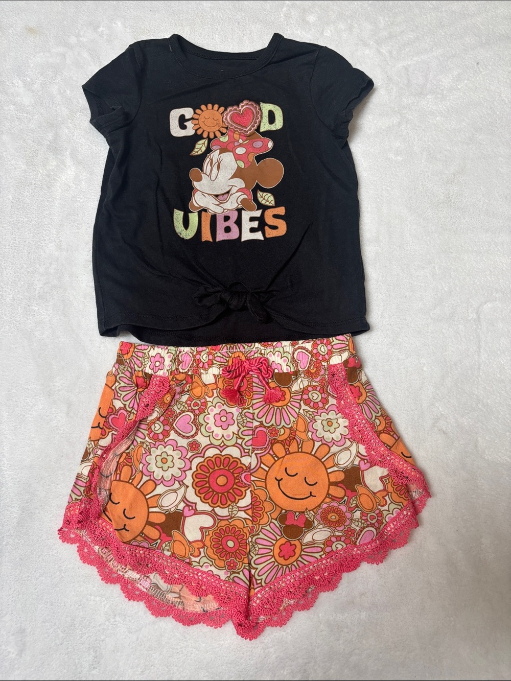 Disney Black Tee with Floral Orange Pink Shorts Kids Matching Set